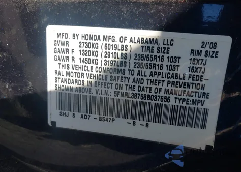 2008 Honda Odyssey Ex-L z USA, uszkodzony, nr VIN 5FNRL38758B037656